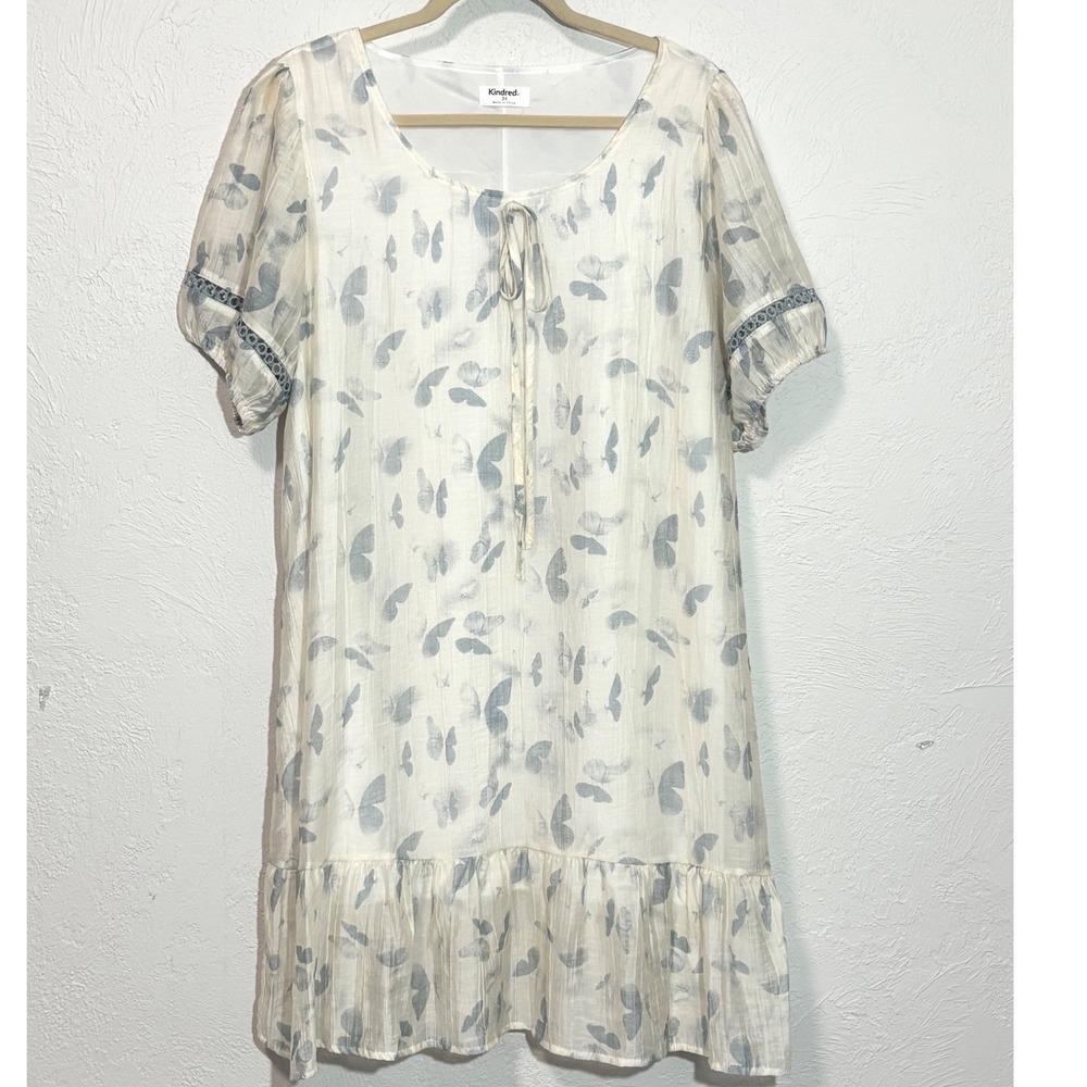 Anthro- Kindred Size‎ 2X Women Cream Blue Butterfly Print Ruffle Hem Shift Dress